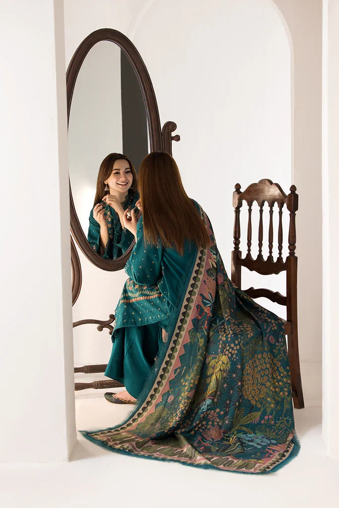 SN 61-3 Piece Embroidered Dhanak Shirt with Printed Wool Shawl