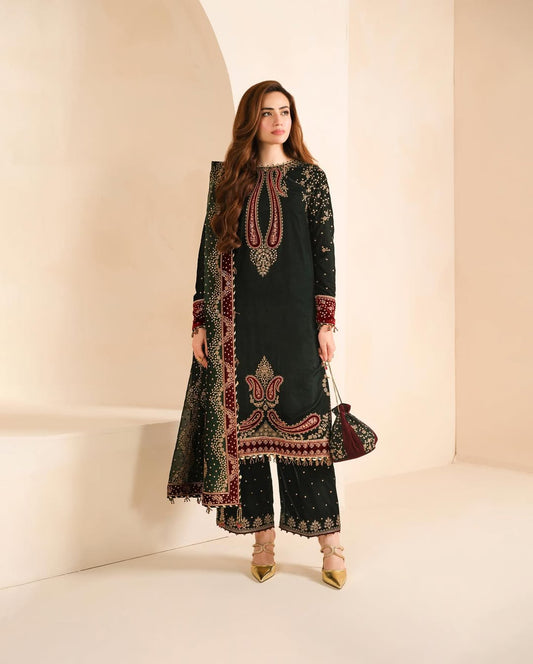 JZ 999-3 Pc Embroidered Velvet Shirt and Trouser with Chiffon Dupatta