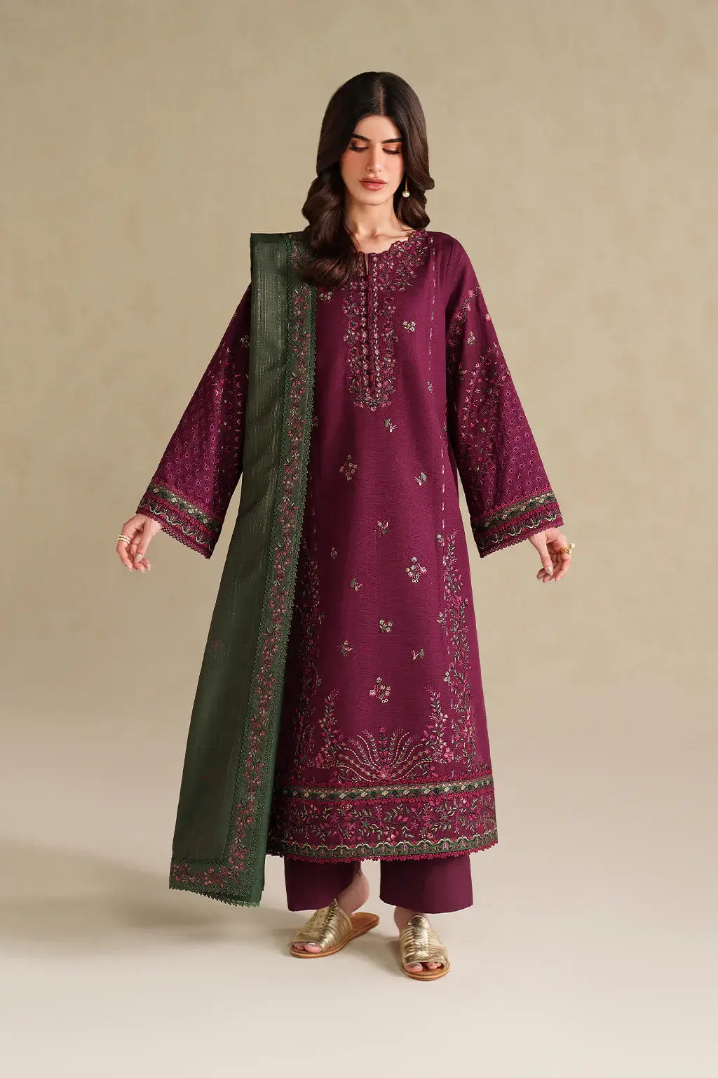 IZ-2705-3 Piece Unstitched Heavy Embroidered Dhanak Suit ( Four-sided Embroidered Dhanak Dupatta )