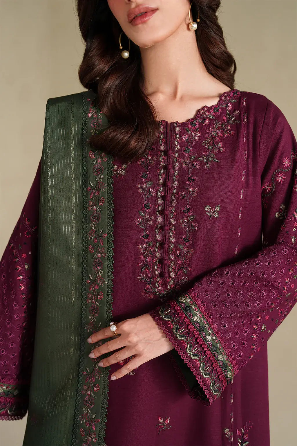 IZ-2705-3 Piece Unstitched Heavy Embroidered Dhanak Suit ( Four-sided Embroidered Dhanak Dupatta )