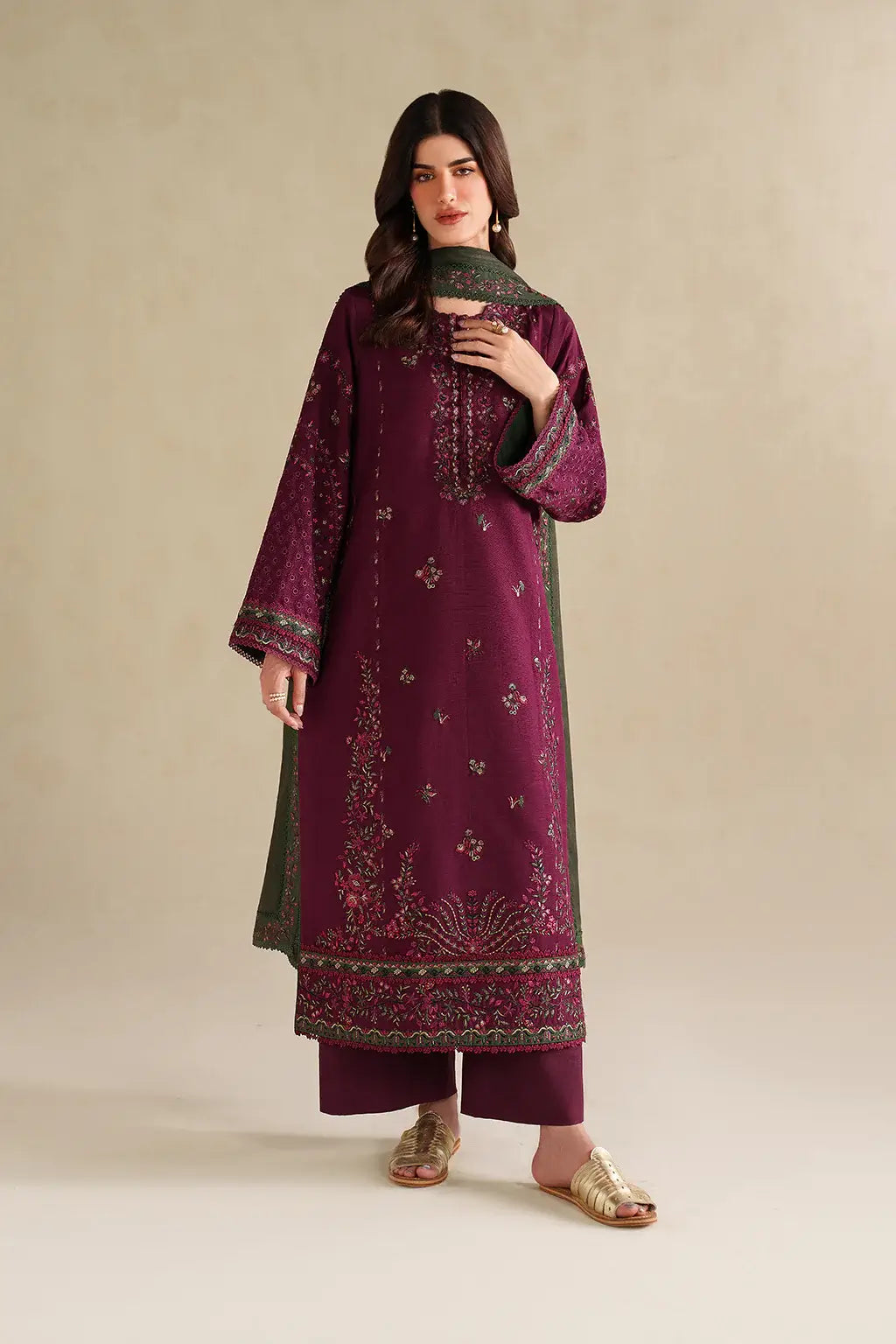 IZ-2705-3 Piece Unstitched Heavy Embroidered Dhanak Suit ( Four-sided Embroidered Dhanak Dupatta )