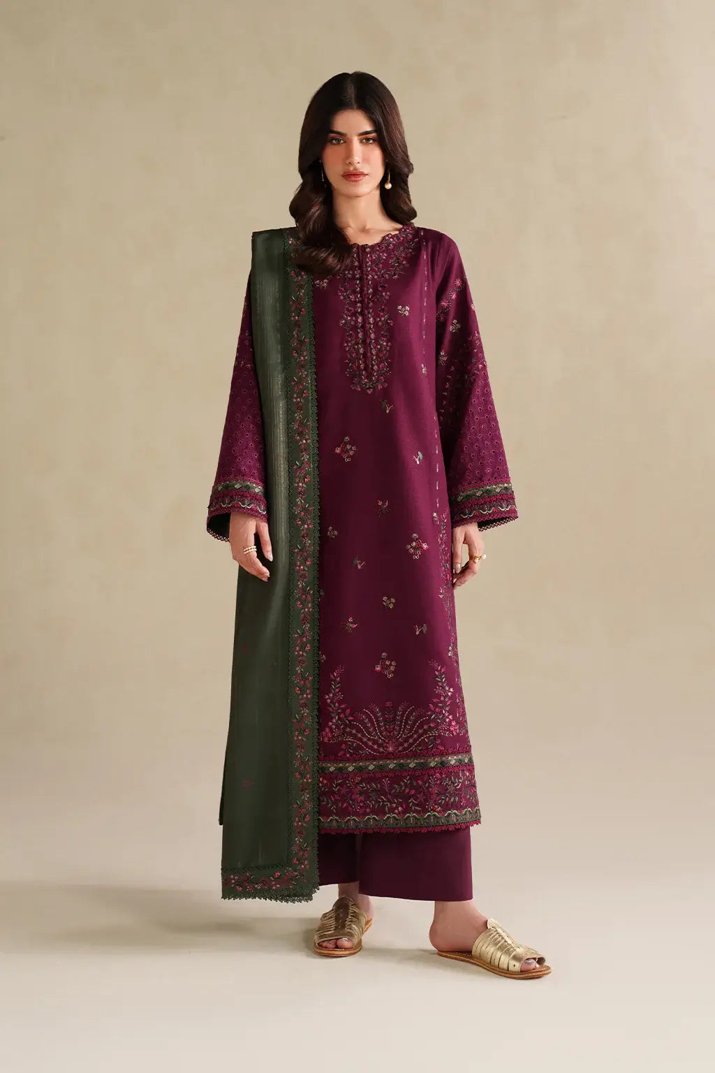 IZ-2705-3 Piece Unstitched Heavy Embroidered Dhanak Suit ( Four-sided Embroidered Dhanak Dupatta )
