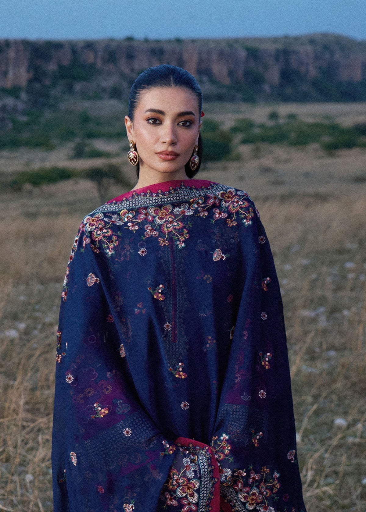 HR 3005-3 Piece Unstitched Heavy Embroidered Dhanak Suit ( Embroidered Chiffon Dupatta)