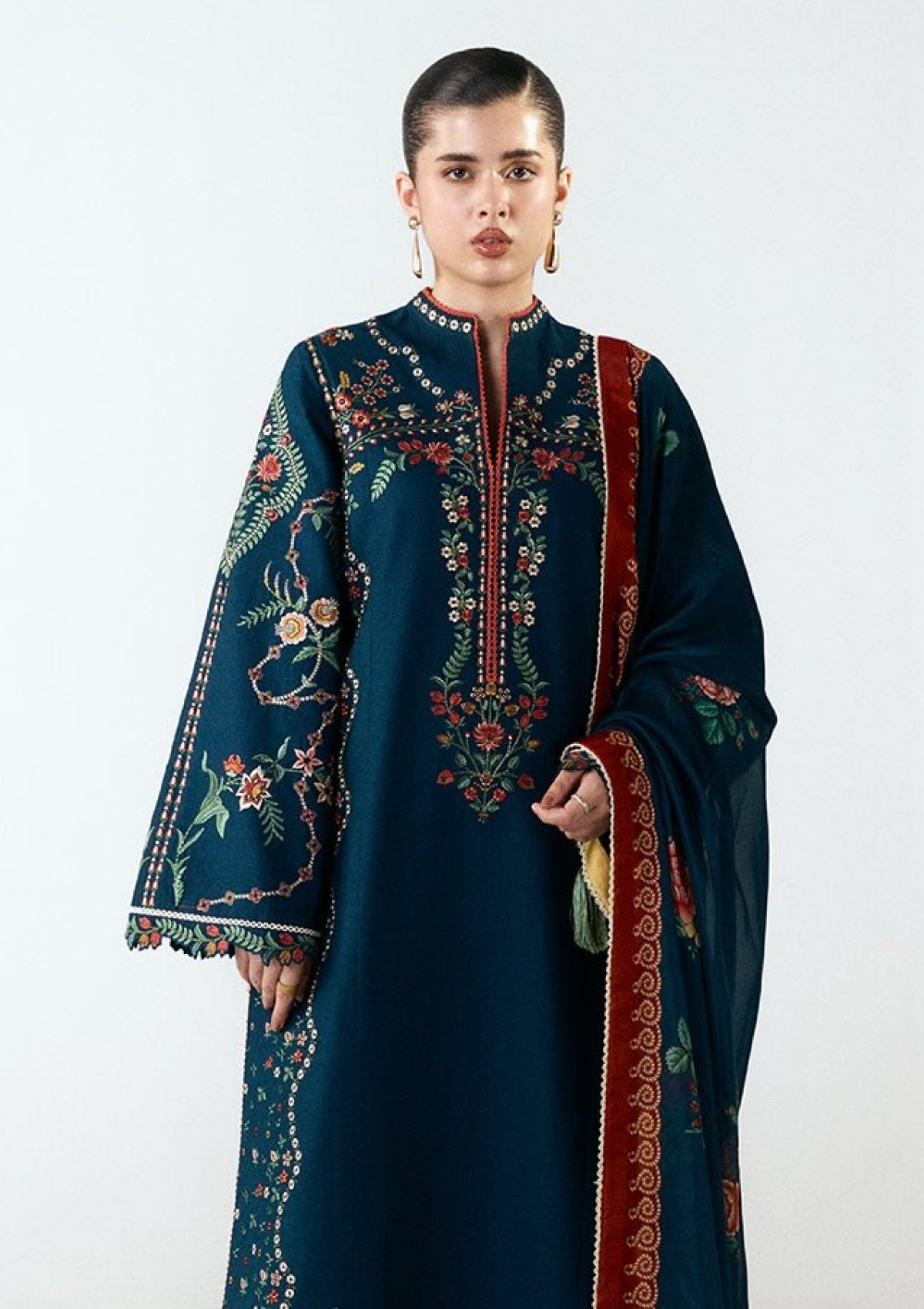 HR 3025-3 Piece Unstitched Heavy Embroidered Dhanak Suit ( Digital Printed Shawl)