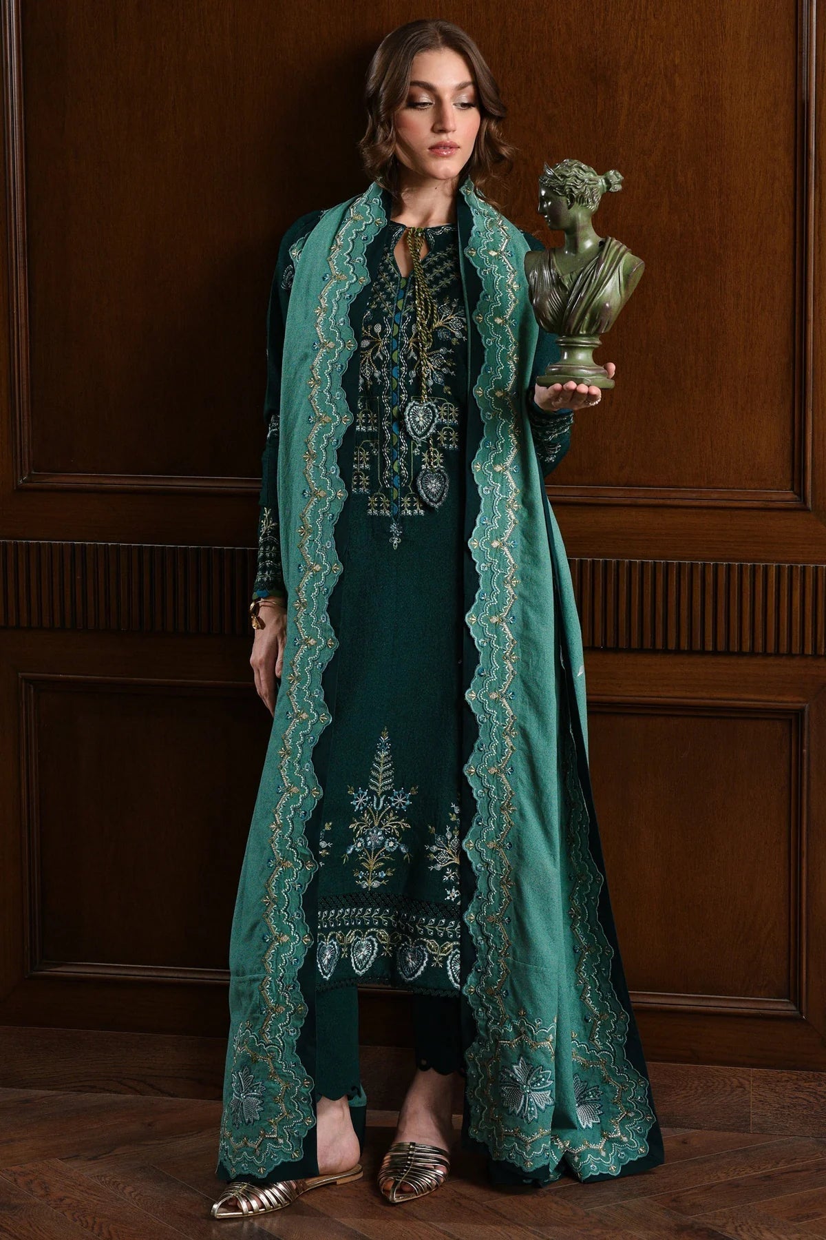 BT 3010 -3 Piece Unstitched Heavy Embroidered Dhanak Suit ( Embroidered Dhanak Wool Shawl )