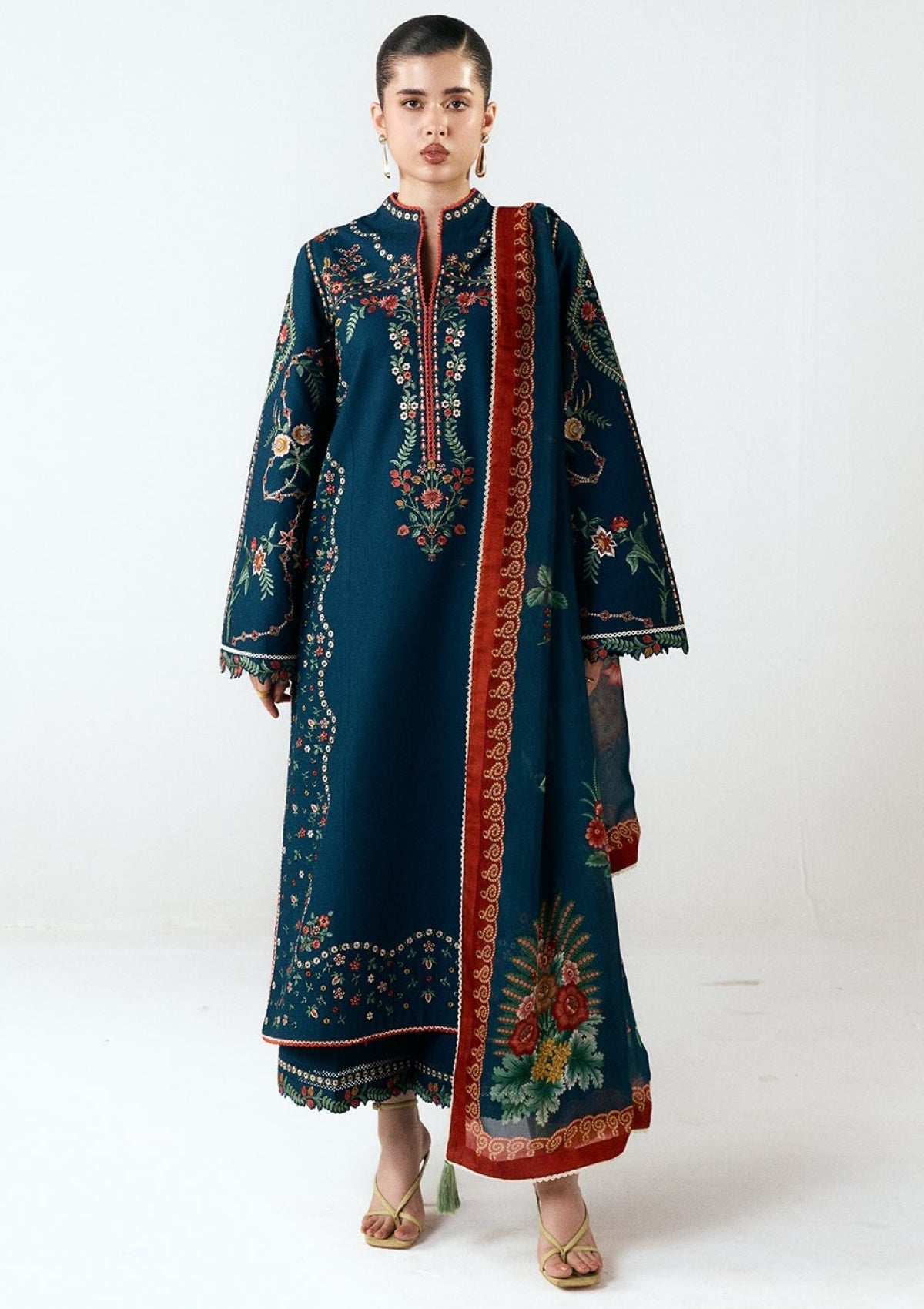 HR 3025-3 Piece Unstitched Heavy Embroidered Dhanak Suit ( Digital Printed Shawl)