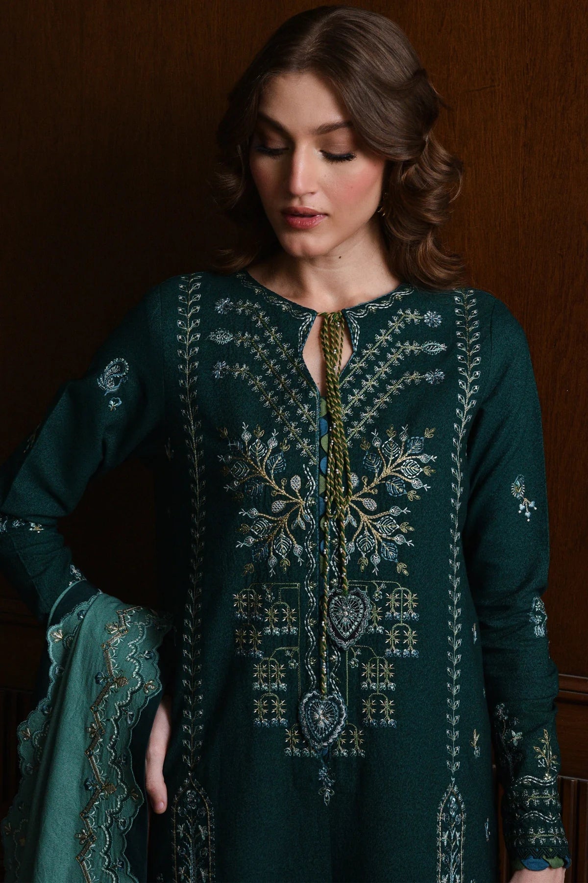 BT 3010 -3 Piece Unstitched Heavy Embroidered Dhanak Suit ( Embroidered Dhanak Wool Shawl )