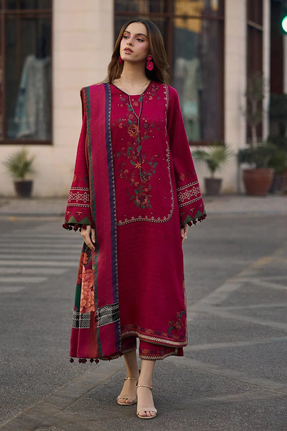 CZ 2980-3 Piece Unstitched Heavy Embroidered Dhanak Suit ( Digital Printed Shawl)