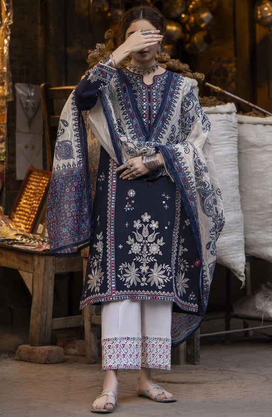 AK 905-3 Piece Unstitched Fully Embroidered Dhanak Suit