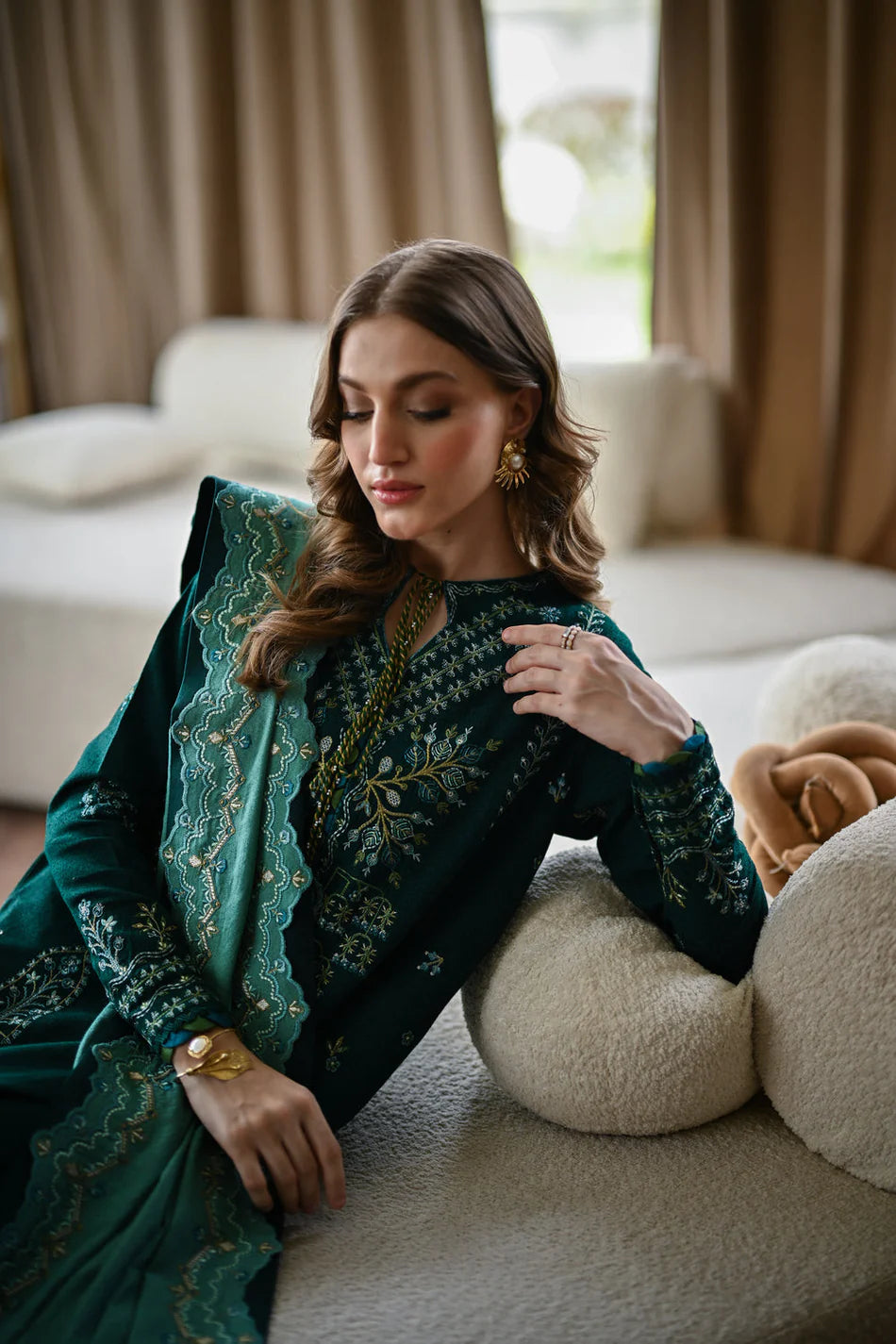 BT 3010 -3 Piece Unstitched Heavy Embroidered Dhanak Suit ( Embroidered Dhanak Wool Shawl )