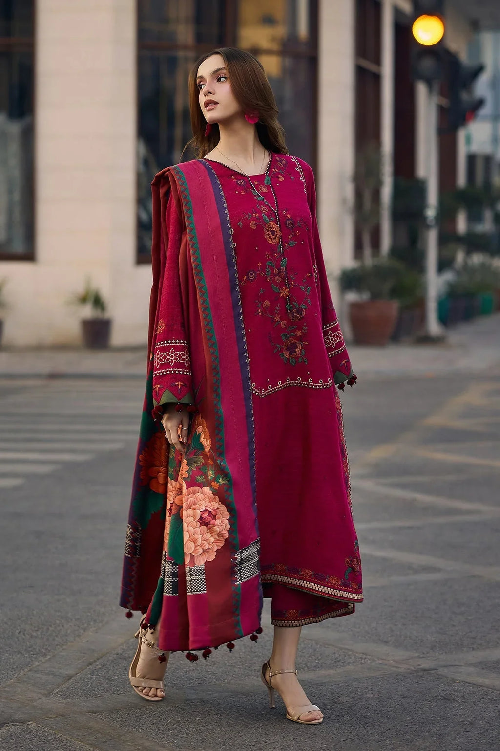 CZ 2980-3 Piece Unstitched Heavy Embroidered Dhanak Suit ( Digital Printed Shawl)