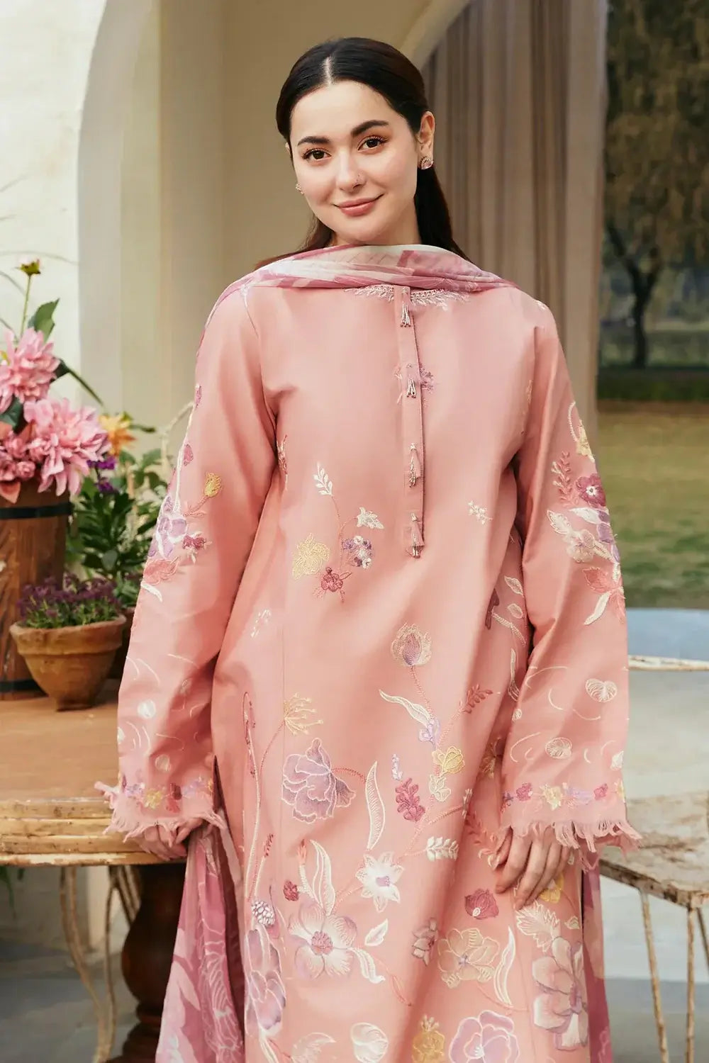 ZS 2755-3 Piece Unstitched Heavy Embroidered Lawn Suit ( Printed Fine Silk Dupatta )