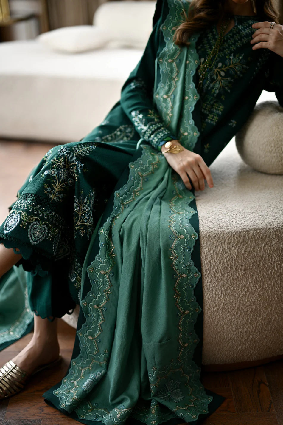 BT 3010 -3 Piece Unstitched Heavy Embroidered Dhanak Suit ( Embroidered Dhanak Wool Shawl )